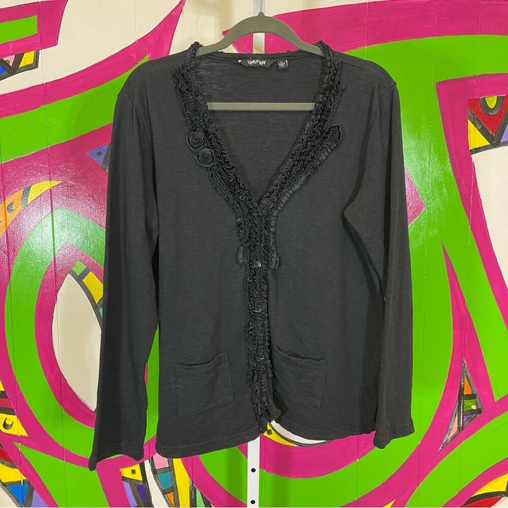 Krazy Kat, Black Cardigan Ruffle Front detail. Size Large. Good used condition!